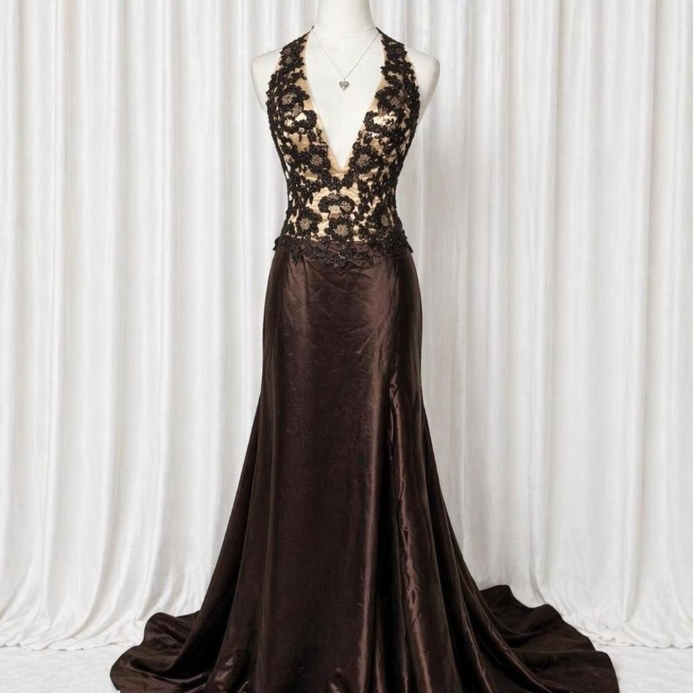 Vintage Y2K Jasz Couture Beaded Halter Prom Gown Brown